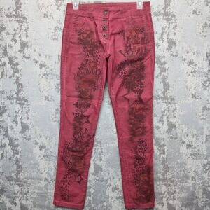 Gigi Moda Red Rock & Roll Graphic Print Button Fly Slim Pants Made in Italy XL